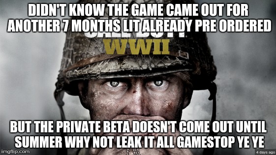 DIDN'T KNOW THE GAME CAME OUT FOR ANOTHER 7 MONTHS LIT ALREADY PRE ORDERED; BUT THE PRIVATE BETA DOESN'T COME OUT UNTIL SUMMER WHY NOT LEAK IT ALL GAMESTOP YE YE | image tagged in cod ww2 pre order meme,cod meme,i died | made w/ Imgflip meme maker