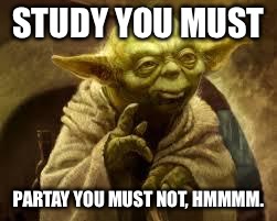 yoda | STUDY YOU MUST; PARTAY YOU MUST NOT, HMMMM. | image tagged in yoda | made w/ Imgflip meme maker