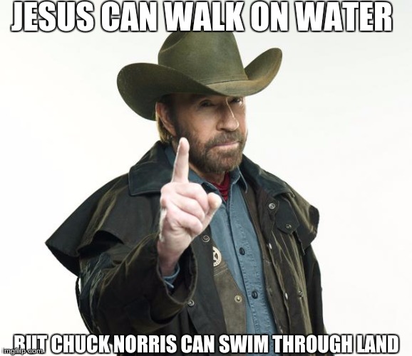 Chuck Norris Finger | JESUS CAN WALK ON WATER; BUT CHUCK NORRIS CAN SWIM THROUGH LAND | image tagged in memes,chuck norris finger,chuck norris | made w/ Imgflip meme maker