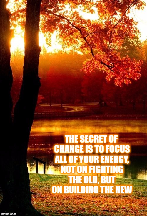 The Secret of Change | THE SECRET OF CHANGE IS TO FOCUS ALL OF YOUR ENERGY, NOT ON FIGHTING THE OLD, BUT ON BUILDING THE NEW | image tagged in moving on,the secret,focus,sunset,change,autumn leaves | made w/ Imgflip meme maker
