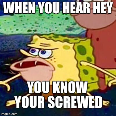 sponegar | WHEN YOU HEAR HEY; YOU KNOW YOUR SCREWED | image tagged in sponegar | made w/ Imgflip meme maker