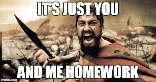Sparta Leonidas Meme | IT'S JUST YOU; AND ME HOMEWORK | image tagged in memes,sparta leonidas | made w/ Imgflip meme maker