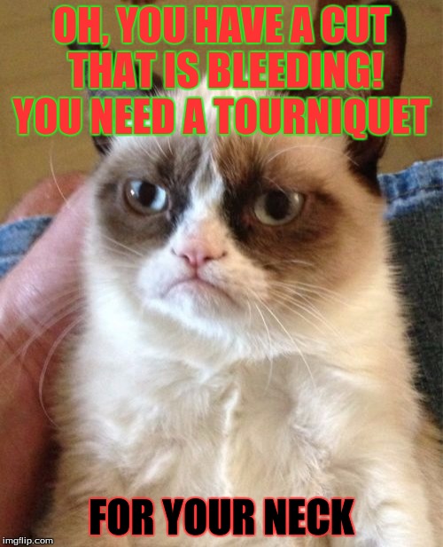 Grumpy cat cares for you. | OH, YOU HAVE A CUT THAT IS BLEEDING! YOU NEED A TOURNIQUET; FOR YOUR NECK | image tagged in memes,grumpy cat,murder | made w/ Imgflip meme maker
