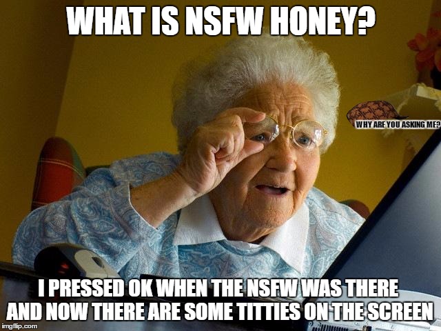 Grandma Finds The Internet | WHAT IS NSFW HONEY? WHY ARE YOU ASKING ME? I PRESSED OK WHEN THE NSFW WAS THERE AND NOW THERE ARE SOME TITTIES ON THE SCREEN | image tagged in memes,grandma finds the internet,scumbag | made w/ Imgflip meme maker