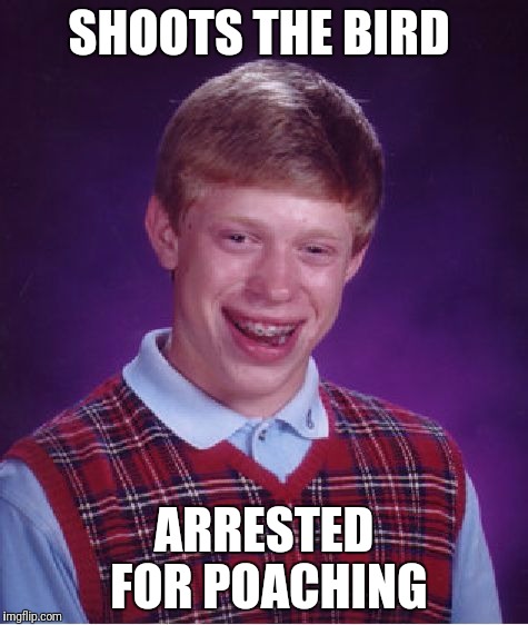 Bad Luck Brian Meme | SHOOTS THE BIRD; ARRESTED FOR POACHING | image tagged in memes,bad luck brian | made w/ Imgflip meme maker