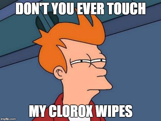 Futurama Fry | DON'T YOU EVER TOUCH; MY CLOROX WIPES | image tagged in memes,futurama fry | made w/ Imgflip meme maker