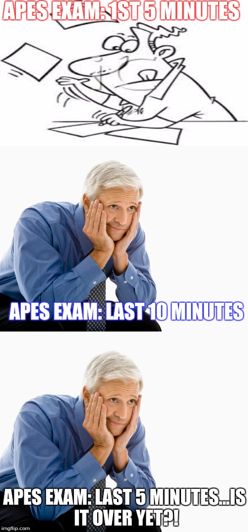 OWN the AP EXAM!!! | APES EXAM: 1ST 5 MINUTES; APES EXAM: LAST 10 MINUTES; APES EXAM: LAST 5 MINUTES...IS IT OVER YET?! | image tagged in work | made w/ Imgflip meme maker