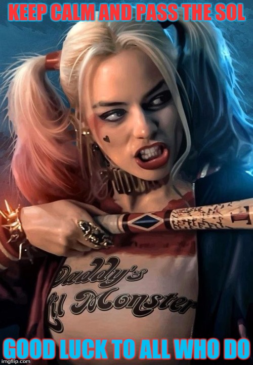 Harley Quinn | KEEP CALM AND PASS THE SOL; GOOD LUCK TO ALL WHO DO | image tagged in harley quinn | made w/ Imgflip meme maker
