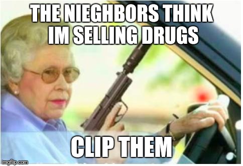 grandma gun weeb killer | THE NIEGHBORS THINK IM SELLING DRUGS; CLIP THEM | image tagged in grandma gun weeb killer | made w/ Imgflip meme maker