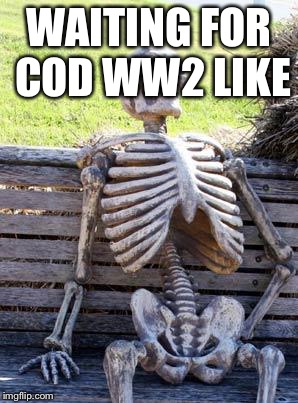 Waiting Skeleton Meme |  WAITING FOR COD WW2 LIKE | image tagged in memes,waiting skeleton | made w/ Imgflip meme maker