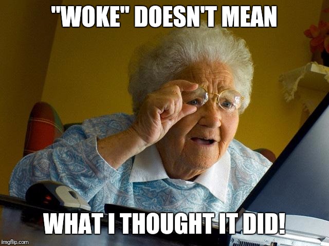 I just found out too! | "WOKE" DOESN'T MEAN; WHAT I THOUGHT IT DID! | image tagged in memes,grandma finds the internet,woke | made w/ Imgflip meme maker