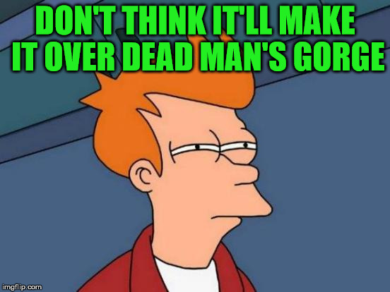 Futurama Fry Meme | DON'T THINK IT'LL MAKE IT OVER DEAD MAN'S GORGE | image tagged in memes,futurama fry | made w/ Imgflip meme maker