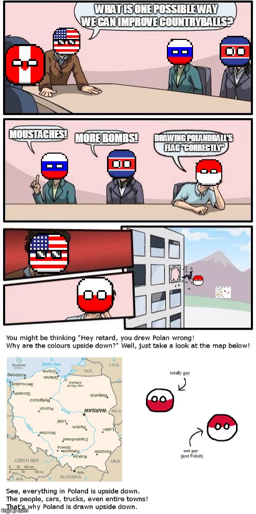 Inverted Polandball | WHAT IS ONE POSSIBLE WAY WE CAN IMPROVE COUNTRYBALLS? MOUSTACHES! DRAWING POLANDBALL'S FLAG "CORRECTLY"; MORE BOMBS! | image tagged in countryballs,polandball,memes | made w/ Imgflip meme maker