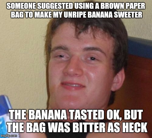 10 Guy Meme | SOMEONE SUGGESTED USING A BROWN PAPER BAG TO MAKE MY UNRIPE BANANA SWEETER; THE BANANA TASTED OK, BUT THE BAG WAS BITTER AS HECK | image tagged in memes,10 guy | made w/ Imgflip meme maker