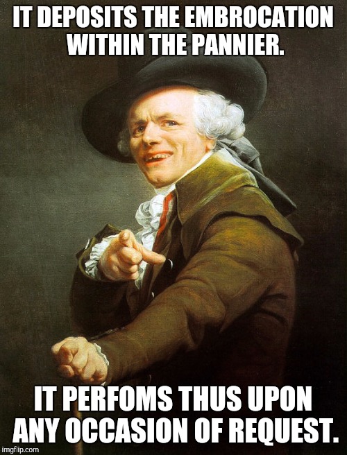 Joseph ducreaux | IT DEPOSITS THE EMBROCATION WITHIN THE PANNIER. IT PERFOMS THUS UPON ANY OCCASION OF REQUEST. | image tagged in joseph ducreaux | made w/ Imgflip meme maker