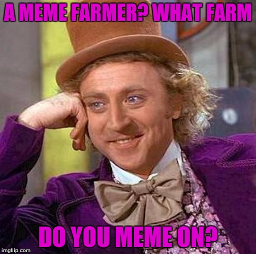 Creepy Condescending Wonka Meme | A MEME FARMER? WHAT FARM DO YOU MEME ON? | image tagged in memes,creepy condescending wonka | made w/ Imgflip meme maker