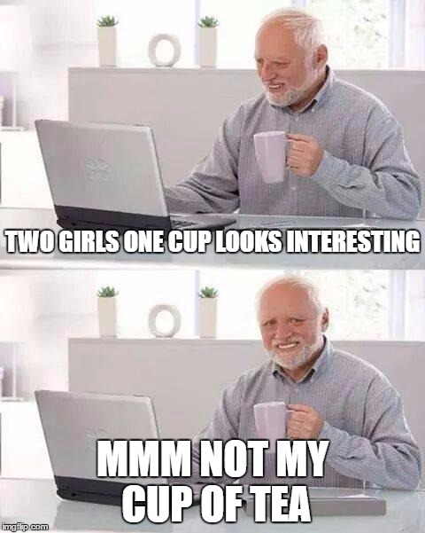 Hide the Pain Harold Meme | TWO GIRLS ONE CUP LOOKS INTERESTING; MMM NOT MY CUP OF TEA | image tagged in memes,hide the pain harold | made w/ Imgflip meme maker