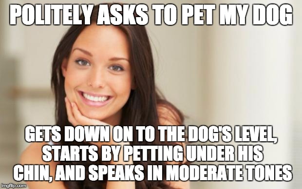 Good Girl Gina | POLITELY ASKS TO PET MY DOG; GETS DOWN ON TO THE DOG'S LEVEL, STARTS BY PETTING UNDER HIS CHIN, AND SPEAKS IN MODERATE TONES | image tagged in good girl gina | made w/ Imgflip meme maker