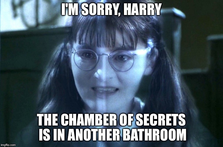 Moaning Myrtle | I'M SORRY, HARRY THE CHAMBER OF SECRETS IS IN ANOTHER BATHROOM | image tagged in moaning myrtle | made w/ Imgflip meme maker