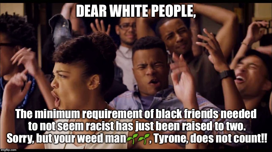 DEAR WHITE PEOPLE, The minimum requirement of black friends needed to not seem racist has just been raised to two. Sorry, but your weed man🌱🌱, Tyrone, does not count!! | image tagged in dear white people | made w/ Imgflip meme maker