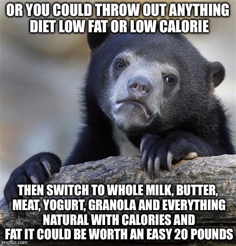 Confession Bear Meme | OR YOU COULD THROW OUT ANYTHING DIET LOW FAT OR LOW CALORIE THEN SWITCH TO WHOLE MILK, BUTTER, MEAT, YOGURT, GRANOLA AND EVERYTHING NATURAL  | image tagged in memes,confession bear | made w/ Imgflip meme maker