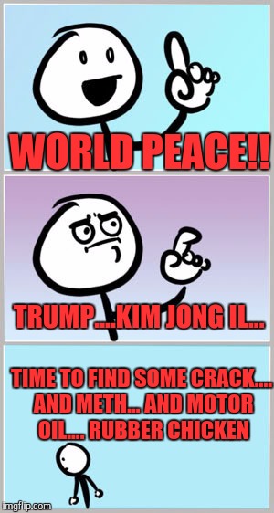 Well Nevermind | WORLD PEACE!! TRUMP....KIM JONG IL... TIME TO FIND SOME CRACK.... AND METH... AND MOTOR OIL.... RUBBER CHICKEN | image tagged in well nevermind | made w/ Imgflip meme maker