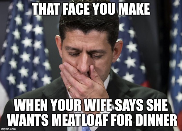 Sick Paul Ryan | THAT FACE YOU MAKE WHEN YOUR WIFE SAYS SHE WANTS MEATLOAF FOR DINNER | image tagged in sick paul ryan | made w/ Imgflip meme maker