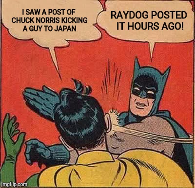 Batman Slapping Robin Meme | I SAW A POST OF CHUCK NORRIS KICKING A GUY TO JAPAN RAYDOG POSTED IT HOURS AGO! | image tagged in memes,batman slapping robin | made w/ Imgflip meme maker