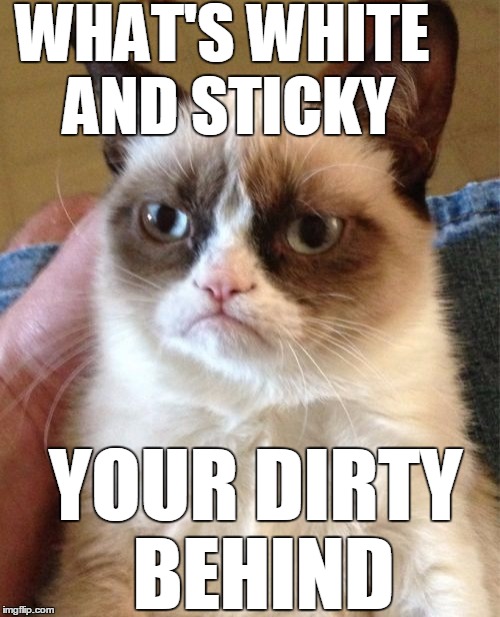 Grumpy Cat Meme | WHAT'S WHITE AND STICKY YOUR DIRTY BEHIND | image tagged in memes,grumpy cat | made w/ Imgflip meme maker