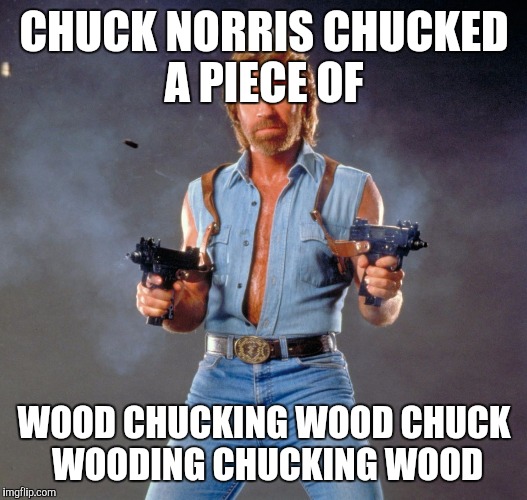 Chuck Norris week 1 to 7 May | CHUCK NORRIS CHUCKED A PIECE OF; WOOD CHUCKING WOOD CHUCK WOODING CHUCKING WOOD | image tagged in memes,chuck norris guns,chuck norris,chuck norris week | made w/ Imgflip meme maker