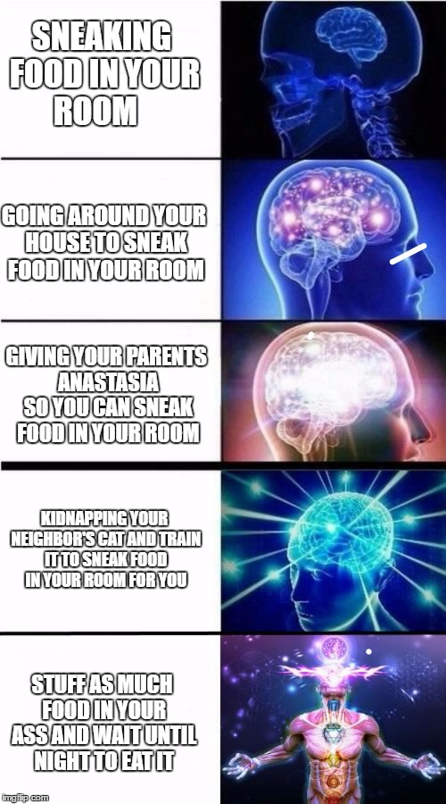 Expanding Brain Meme | SNEAKING FOOD IN YOUR ROOM; GOING AROUND YOUR HOUSE TO SNEAK FOOD IN YOUR ROOM; GIVING YOUR PARENTS ANASTASIA SO YOU CAN SNEAK FOOD IN YOUR ROOM; KIDNAPPING YOUR NEIGHBOR'S CAT AND TRAIN IT TO SNEAK FOOD IN YOUR ROOM FOR YOU; STUFF AS MUCH FOOD IN YOUR ASS AND WAIT UNTIL NIGHT TO EAT IT | image tagged in expanding brain meme | made w/ Imgflip meme maker