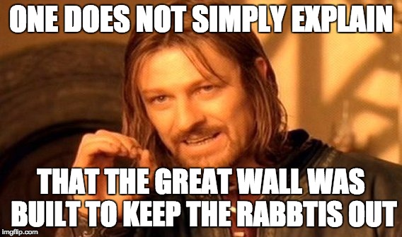 One Does Not Simply Meme | ONE DOES NOT SIMPLY EXPLAIN; THAT THE GREAT WALL WAS BUILT TO KEEP THE RABBTIS OUT | image tagged in memes,one does not simply | made w/ Imgflip meme maker
