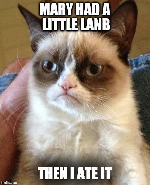 Grumpy Cat Meme | MARY HAD A LITTLE LANB; THEN I ATE IT | image tagged in memes,grumpy cat | made w/ Imgflip meme maker