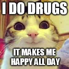 potatos and catshi crazy |  I DO DRUGS; IT MAKES ME HAPPY ALL DAY | image tagged in potatos and catshi crazy | made w/ Imgflip meme maker