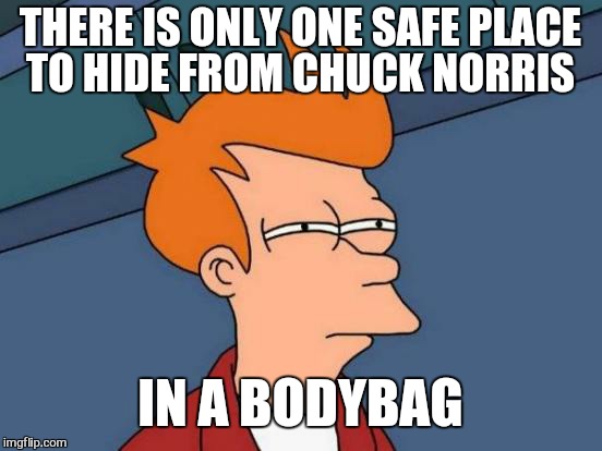 Chuck Norris puts the "laughter" in "manslaughter". | THERE IS ONLY ONE SAFE PLACE TO HIDE FROM CHUCK NORRIS; IN A BODYBAG | image tagged in memes,futurama fry,chuck norris week,funny | made w/ Imgflip meme maker