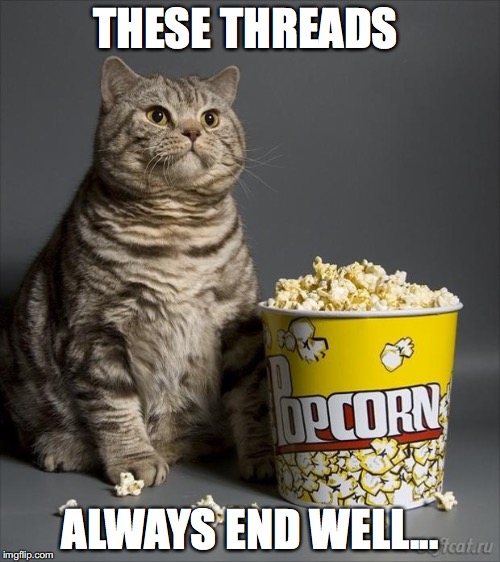 Cat eating popcorn | THESE THREADS; ALWAYS END WELL... | image tagged in cat eating popcorn | made w/ Imgflip meme maker