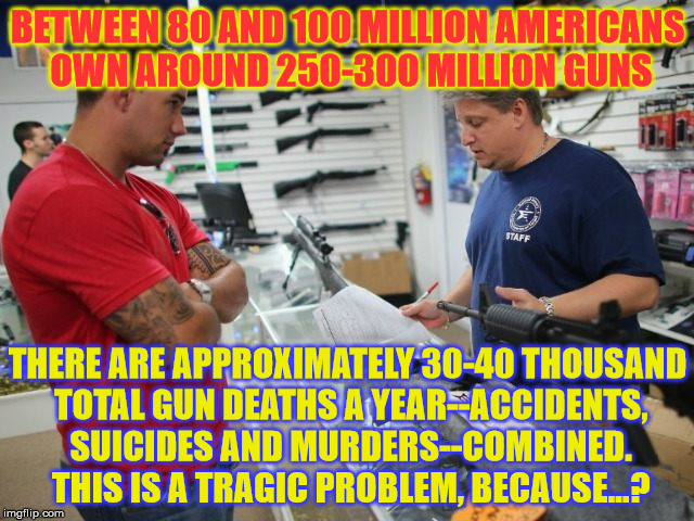 gunstore | BETWEEN 80 AND 100 MILLION AMERICANS OWN AROUND 250-300 MILLION GUNS; THERE ARE APPROXIMATELY 30-40 THOUSAND TOTAL GUN DEATHS A YEAR--ACCIDENTS, SUICIDES AND MURDERS--COMBINED. THIS IS A TRAGIC PROBLEM, BECAUSE...? | image tagged in gunstore | made w/ Imgflip meme maker