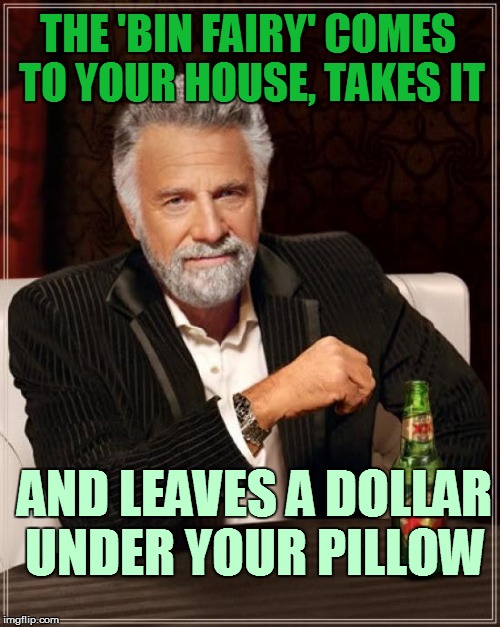 The Most Interesting Man In The World Meme | THE 'BIN FAIRY' COMES TO YOUR HOUSE, TAKES IT AND LEAVES A DOLLAR UNDER YOUR PILLOW | image tagged in memes,the most interesting man in the world | made w/ Imgflip meme maker