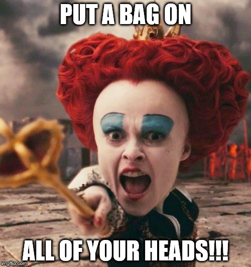 typical iracebeth | PUT A BAG ON; ALL OF YOUR HEADS!!! | image tagged in red queen,iracebeth | made w/ Imgflip meme maker