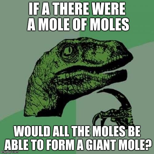 When you are in science class and you learn about Molar Mass and the Mole, and memes are on your mind. | IF A THERE WERE A MOLE OF MOLES; WOULD ALL THE MOLES BE ABLE TO FORM A GIANT MOLE? | image tagged in memes,philosoraptor,mole,mol | made w/ Imgflip meme maker