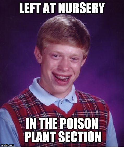 Bad Luck Brian Meme | LEFT AT NURSERY IN THE POISON PLANT SECTION | image tagged in memes,bad luck brian | made w/ Imgflip meme maker