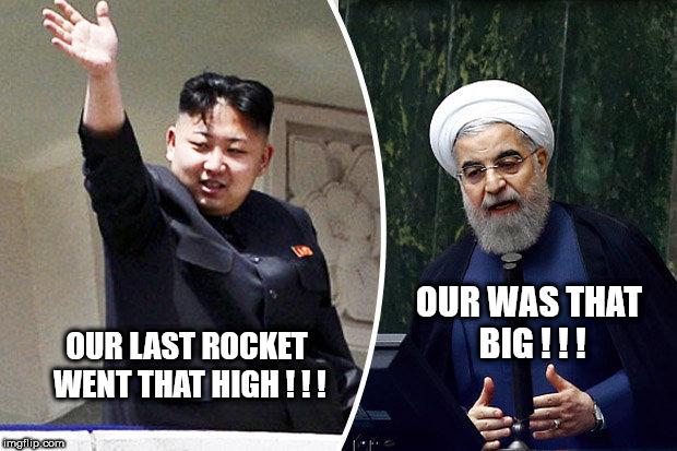 kim jong un and hassan rohani | OUR WAS THAT BIG ! ! ! OUR LAST ROCKET WENT THAT HIGH ! ! ! | image tagged in kim jong un and hassan rohani | made w/ Imgflip meme maker