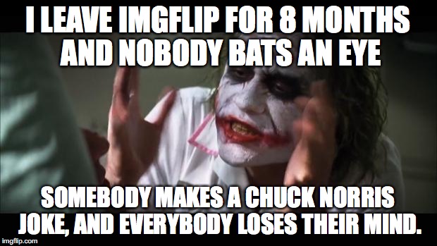 I will just welcome myself back :P |  I LEAVE IMGFLIP FOR 8 MONTHS AND NOBODY BATS AN EYE; SOMEBODY MAKES A CHUCK NORRIS JOKE, AND EVERYBODY LOSES THEIR MIND. | image tagged in memes,and everybody loses their minds,chuck norris,thebestmememakerever | made w/ Imgflip meme maker