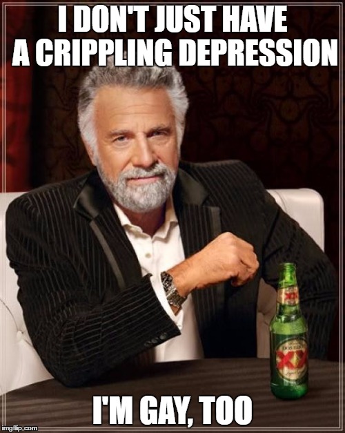 The Most Interesting Man In The World Meme | I DON'T JUST HAVE A CRIPPLING DEPRESSION; I'M GAY, TOO | image tagged in memes,the most interesting man in the world | made w/ Imgflip meme maker