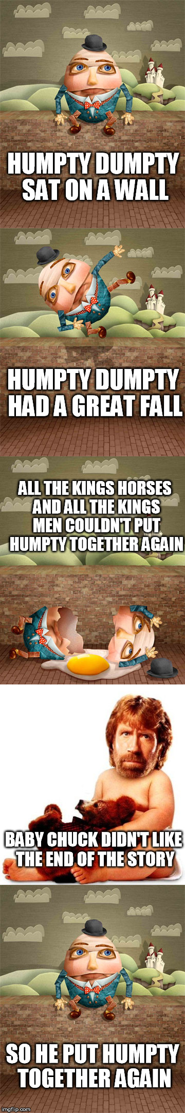 Chuck Norris Nursery Time - Chuck Norris Week (A Sir-Unknown event) | HUMPTY DUMPTY SAT ON A WALL; HUMPTY DUMPTY HAD A GREAT FALL; ALL THE KINGS HORSES AND ALL THE KINGS MEN COULDN'T PUT HUMPTY TOGETHER AGAIN; BABY CHUCK DIDN'T LIKE THE END OF THE STORY; SO HE PUT HUMPTY TOGETHER AGAIN | image tagged in chuck norris week,chuck norris,humpty dumpty,funny,nursery rhymes | made w/ Imgflip meme maker