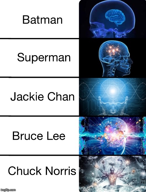 Superhero comparison | image tagged in batman,superman,jackie chan,bruce lee,chuck norris,chuck norris week | made w/ Imgflip meme maker