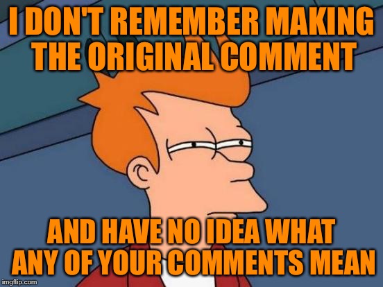 Futurama Fry Meme | I DON'T REMEMBER MAKING THE ORIGINAL COMMENT AND HAVE NO IDEA WHAT ANY OF YOUR COMMENTS MEAN | image tagged in memes,futurama fry | made w/ Imgflip meme maker