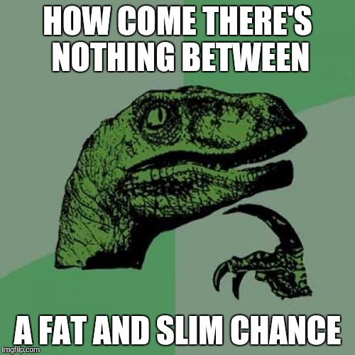 Philosoraptor Meme | HOW COME THERE'S NOTHING BETWEEN; A FAT AND SLIM CHANCE | image tagged in memes,philosoraptor | made w/ Imgflip meme maker