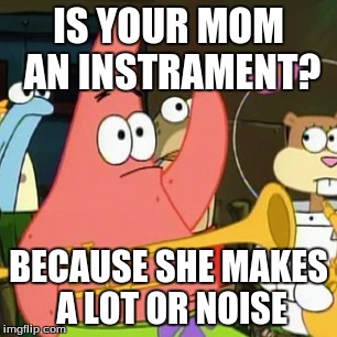 No Patrick Meme | IS YOUR MOM AN INSTRAMENT? BECAUSE SHE MAKES A LOT OR NOISE | image tagged in memes,no patrick | made w/ Imgflip meme maker