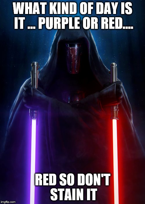 WHAT KIND OF DAY IS IT ... PURPLE OR RED.... RED SO DON'T STAIN IT | image tagged in starwars,life,lightsaber,darth revan | made w/ Imgflip meme maker